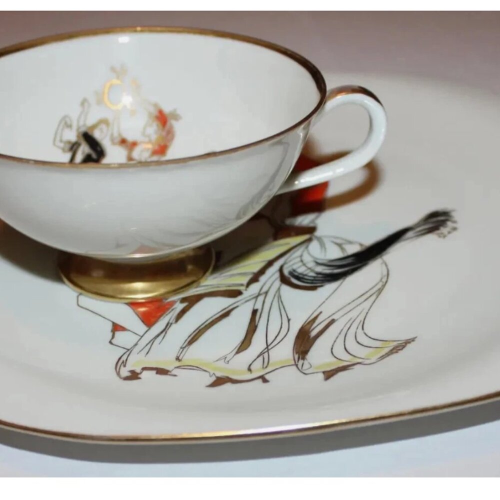 Bavarian Folk Dancers Square Porcelain Collector Plate Cup Set Bavaria Tyrolean